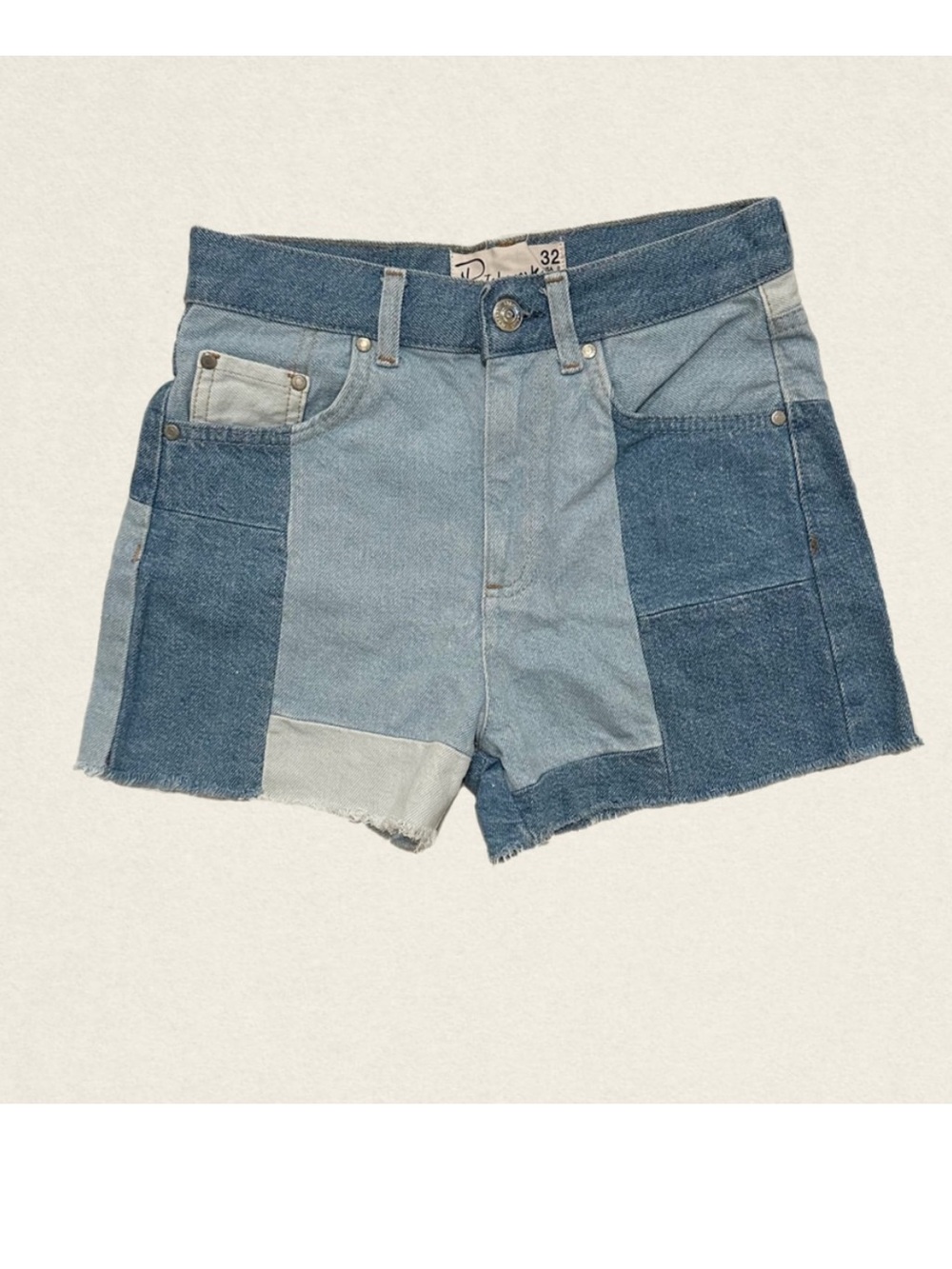 Stradivarius Patchwork Colorblock Frayed Hem Denim Shorts